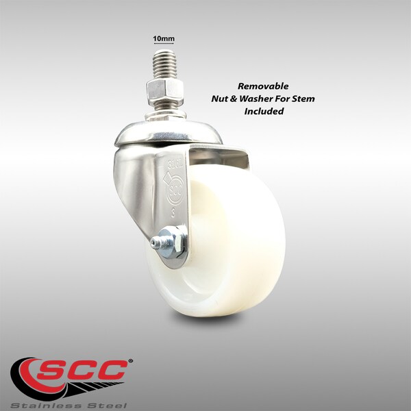 3 Inch 316SS Nylon Wheel Swivel 10mm Threaded Stem Caster